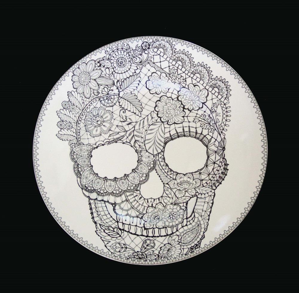 Halloween Skull Lace Black Grey White 8-3/4