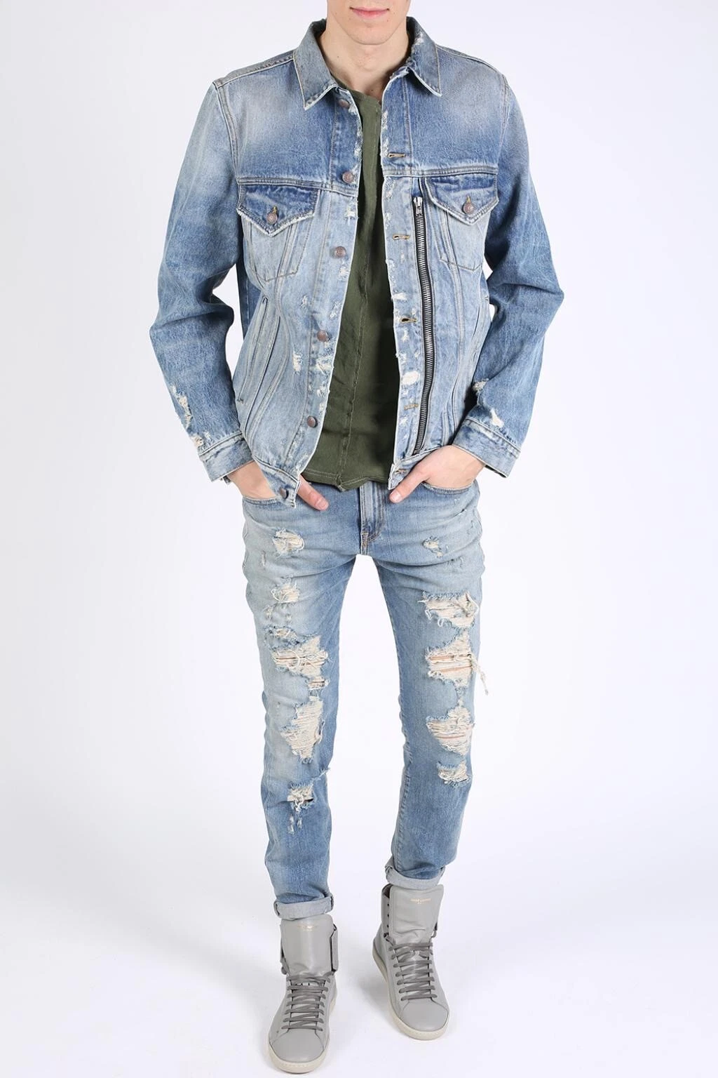 $1250 R13 Distressed Zipper Trucker Blue Jacket Large - product detail image 11