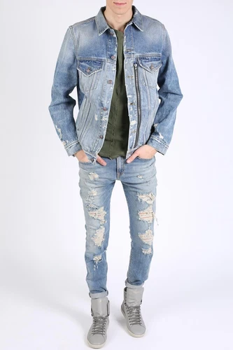 $1250 R13 Distressed Zipper Trucker Blue Jacket Large image 11