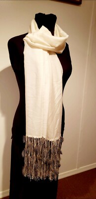Ivory Necktie Pashmina  with Guinea Fowl Feather Trim by Anna Trzebinaki 