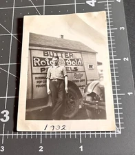 1930s ROLD GOLD PRETZEL Delivery TRUCK Man Sign Vintage Snapshot PHOTO