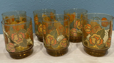 VTG Floral Tumbler Amber Harvest Pansy Glassware Set of 6 Signed Wm James 4 1/2''