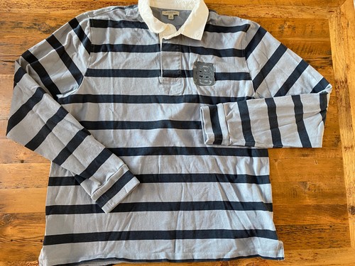 Navy Blue Striped Rugby Shirt Sewn Logo 