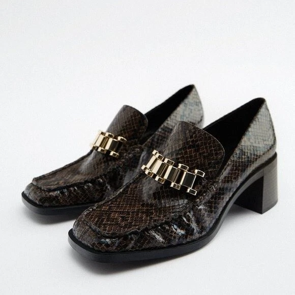 NWT ZARA HEELED LOAFERS WITH BUCKLE SNAKESKIN BLOGGERS FAV 6.5 Clog Mule Brown