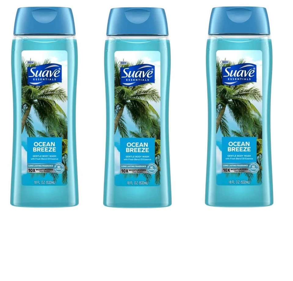 BL Suave Essentials Body Wash 18oz each Ocean Breeze *Three Pack*
