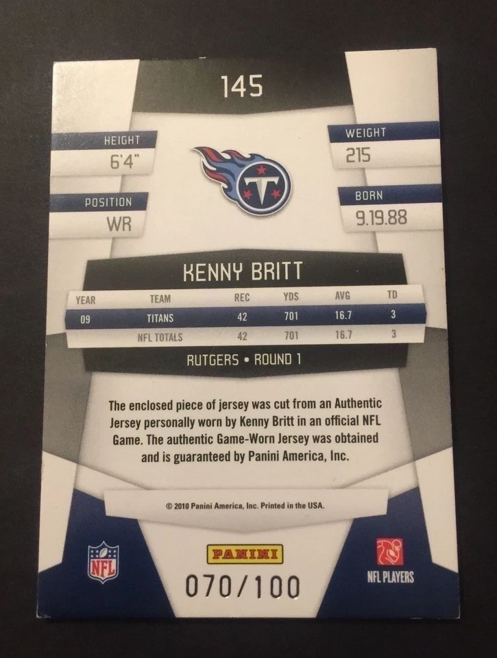 Kenny Britt Titans Rutgers 2010 Panini Mirror Jersey Authentic Certified JG7 - Image 2 of 2
