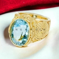 Aquamarine Gemstone With 925 Sterling Silver Gold Plated Ring For Men's #AL186
