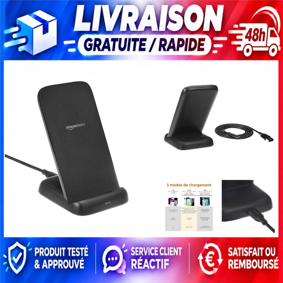 Amazon Basics Support de recharge sans fil Qi 10W pour iPhone et Samsung