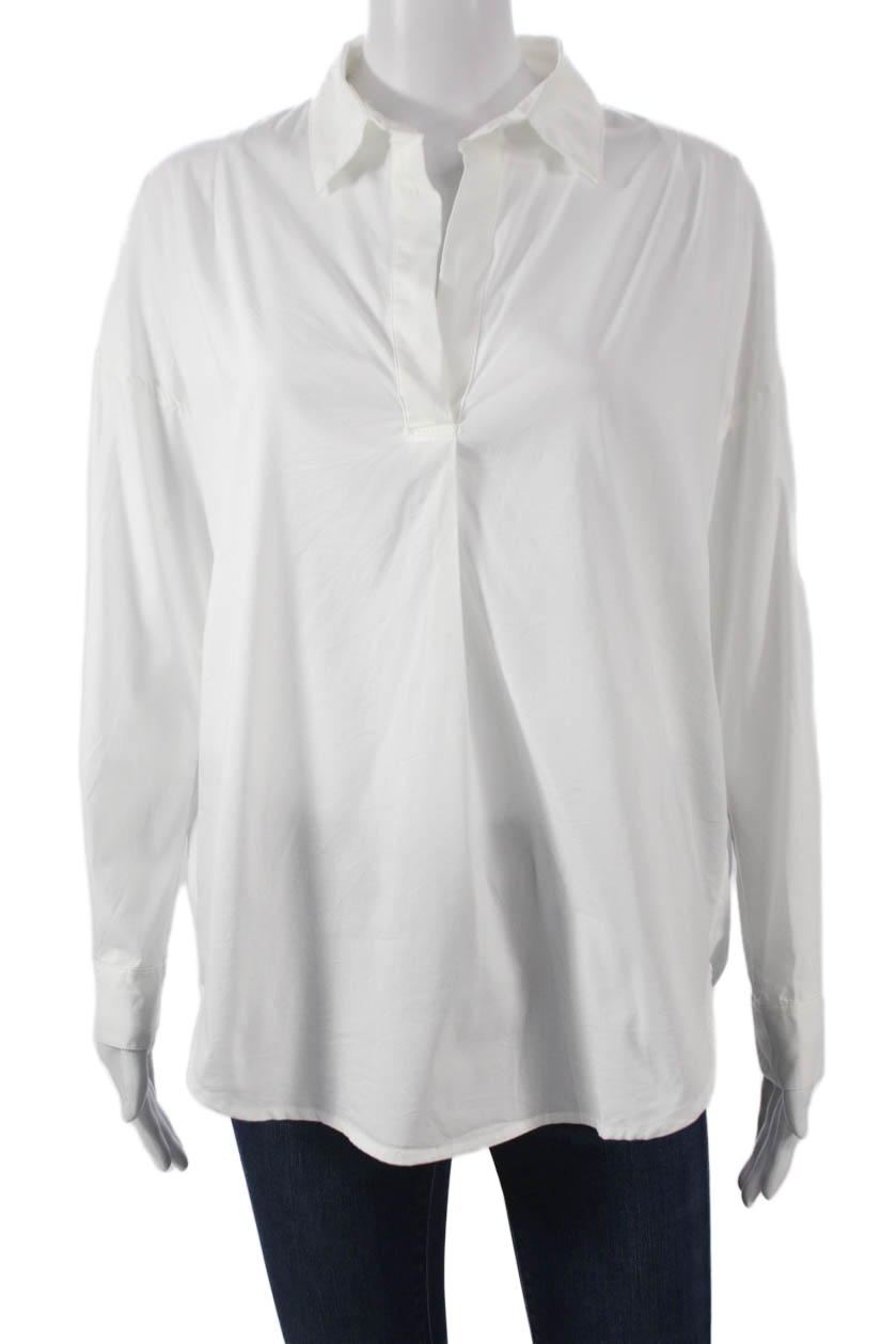 Magaschoni Womens Collared White Basic Blouse Long Sleeve Size S