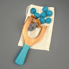 Wooden Little Lark Cottagecore Toy Teal 7” Slingshot W/ Blue Felt Ammo Balls