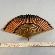 Vintage Wooden  Paper Hand Fan Fold Up 1920-1930s Japan Floral - Antique