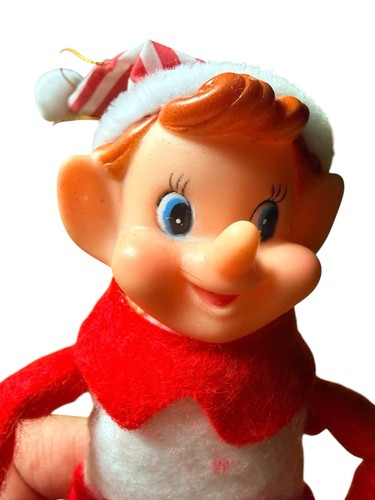 1950s 8" Hanging Hugging Rubber Faced Christmas Elf Red White Candy Stripe Bend - Afbeelding 4 van 8