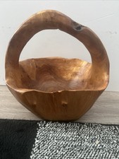 Hand Carved Wood Burl Bowl Basket with Handle 9x9x7