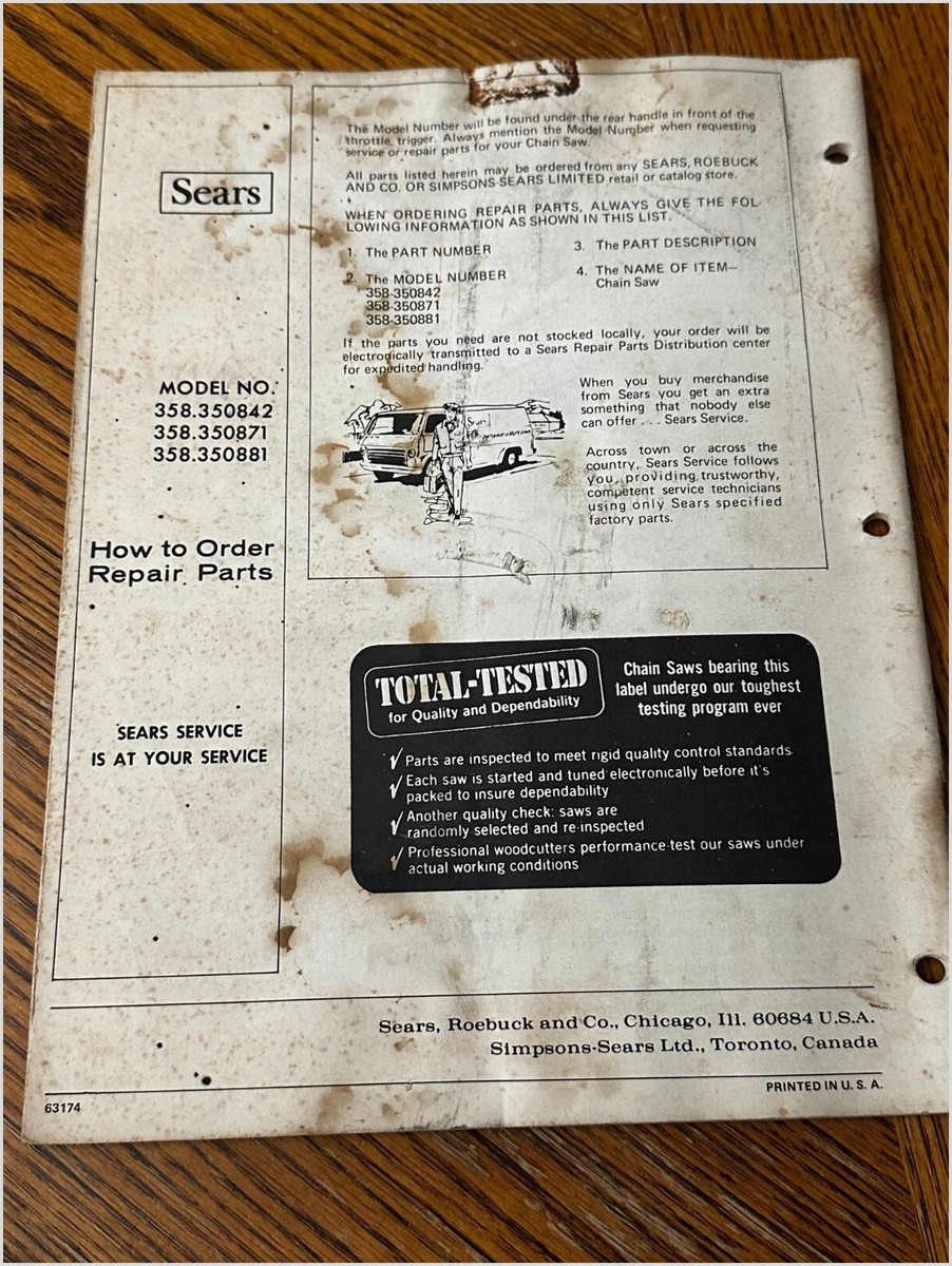 Craftsman Chainsaw Manual 358.350842 871 881 Sears Parts 20th