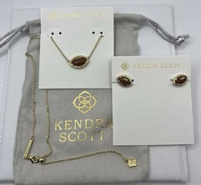 Kendra Scott Football Gold Pendant Necklace With Matching Stud Earrings Set