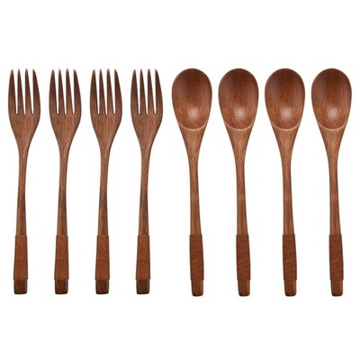 8 Pcs Wooden 9 inchJapanese Spoon Fork Set Kitchen Tableware Natural Wood5559