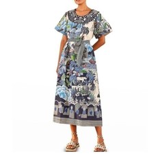 Farm Rio Floral Midi Dress Graphic Rio XS Belted Tropical Print Beach NWT
