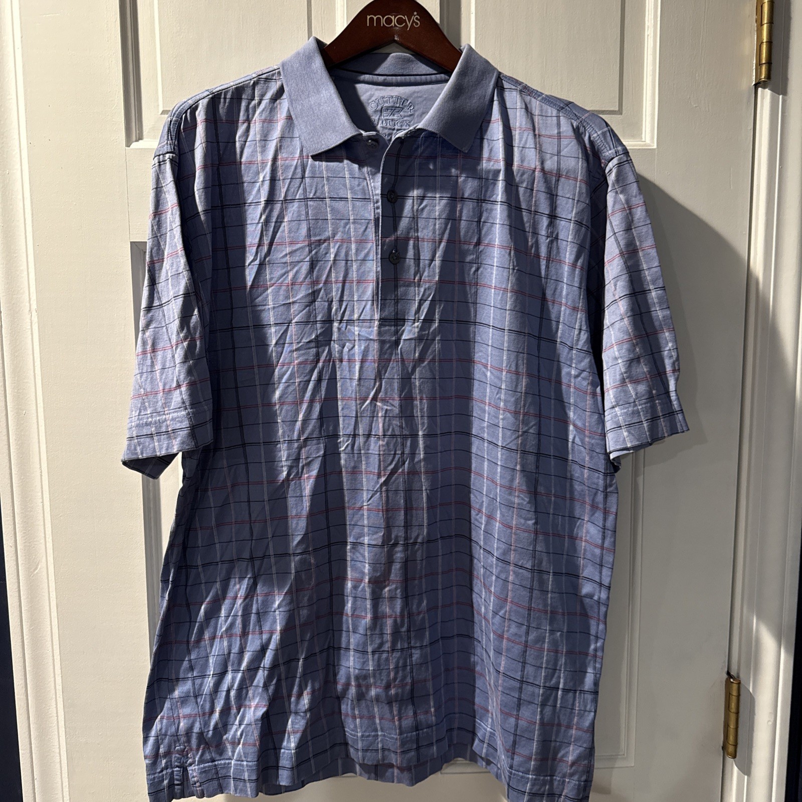 Cutter & Buck Polo Shirt Mens Med Blue Plaid Signature Collection short sleeve