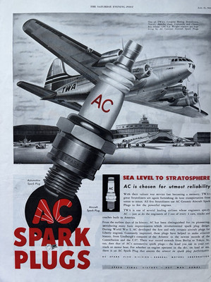 1945 AC Spark Plugs TWA Great Stratoliners Planes Aircraft Plugs VTG Print Ad