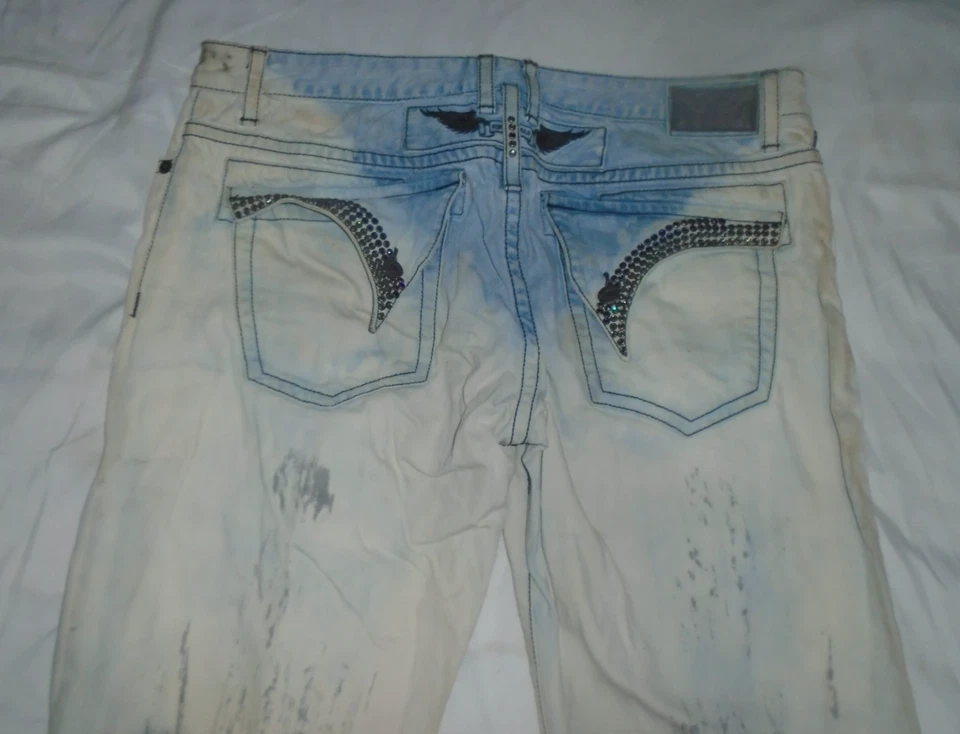 Robin's Jean Mens Long Flap Rhinestones Pockets Acid Wash Tie Dye Jeans Tag 40 - Image 4 of 4