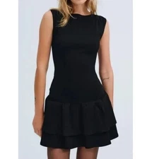 NWT FOR LOVE AND LEMONS KINDRED FIT AND FLARE BLACK MINI DRESS W/DBL TIER HEM L