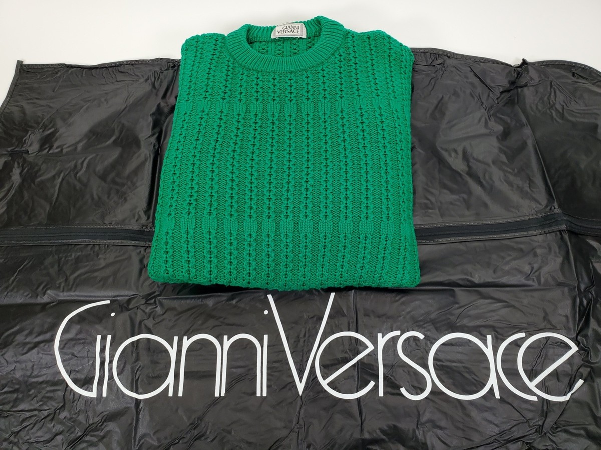 80s Gianni Versace Green Cable Knit Crew Neck Sweater Garment Bag
