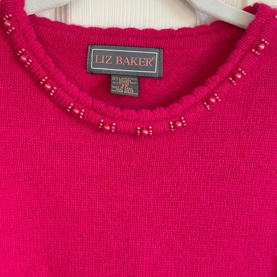 Suéter Pullover Vintage Liz Baker Lana de Cordero Angora Talla 2X Cuello Cuentas Rosa Foto 2 de 4