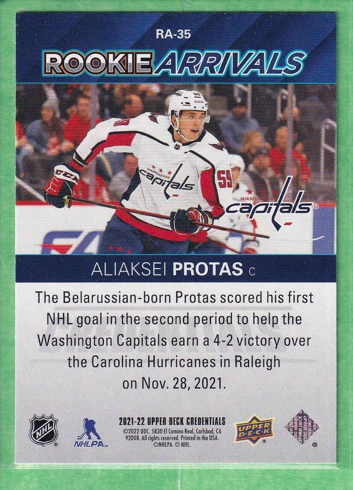 2021-22 Upper Deck Credentials Rookie Arrivals #RA-35 Aliaksei Protas Capitals - Image 2 of 2