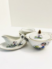 9 Pc Vintage Kids Childs Play Tea Set Bowl Saucers Ceramic Gravy Boat Fishing