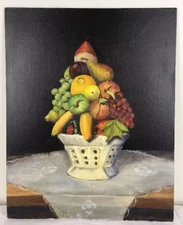 16x20 Oil Painting Fruit Still Life Ironstone Bowl Lace Cloth Farm Table signed
