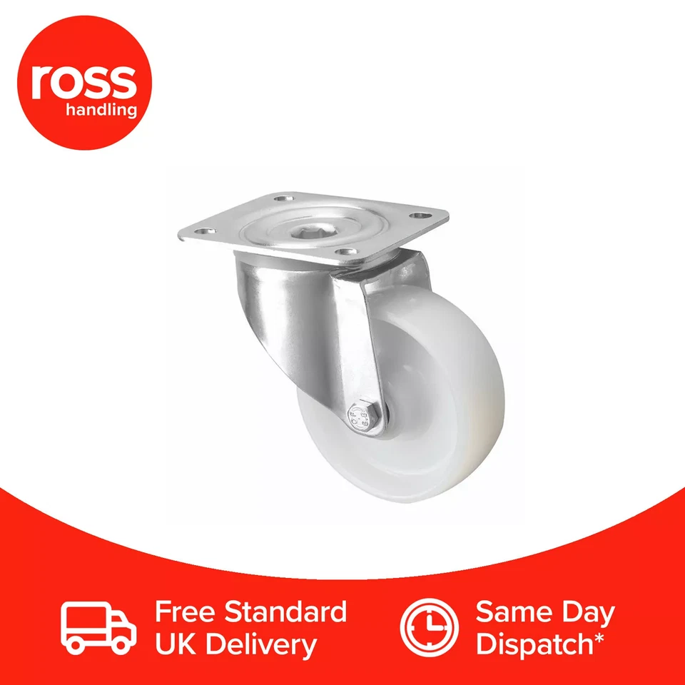 ROSS HANDLING Premium 100mm Industrial Zinc Castor White Nylon Wheel 200kg Load UK Seller