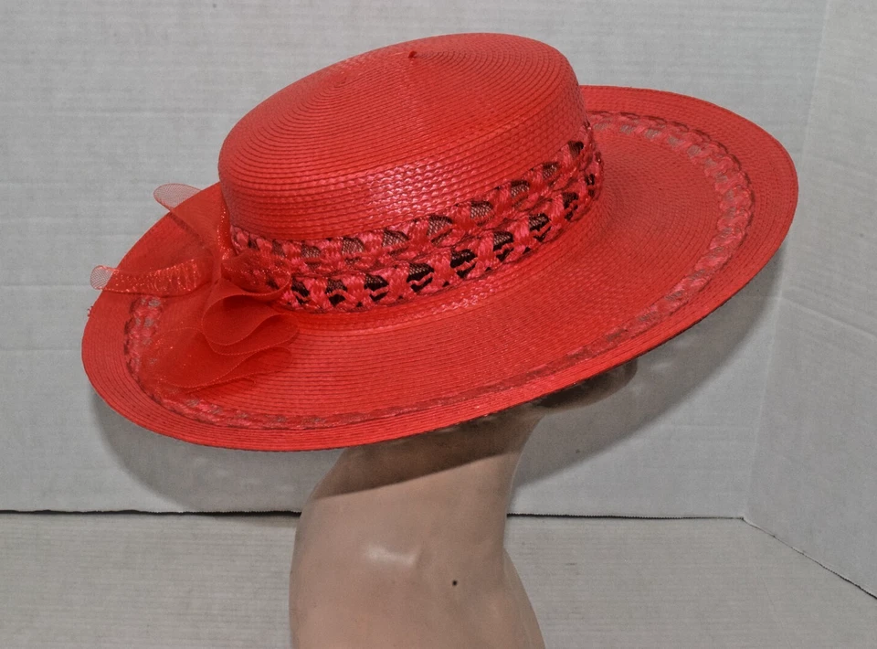 Sombrero de sol vintage Liz Claiborne 1992 brillante rojo cereza detalle encaje cinta de tul Foto 2 de 4