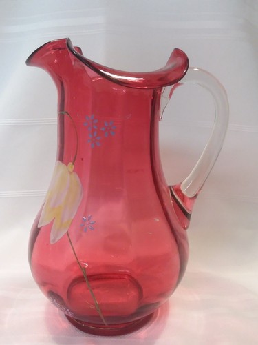 Antique Victorian Cranberry Glass 9.5" Pitcher Enameled w Yellow Tulip 100+yrs - Picture 2 of 13