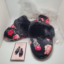 Victoria's Secret NWT Satin Slippers Black Red Peony Size Small 5/6 Slip On