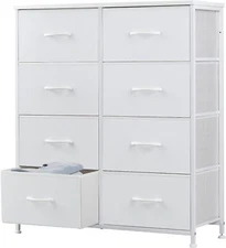 White 8 Drawers Dresser Bedroom Chest Organizer Storage Tower with Fabric Bins