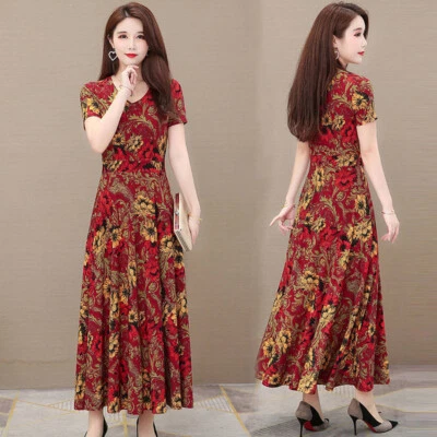 Femme Floral Robe Maxi Col V A-Line Élégant Manche Courte Rétro Été Décontracté - Photo 1/4