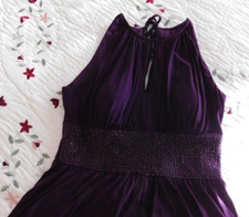 Dark Purple Plum Prom Formal Gown Long Maxi Tie Back Beaded Slit Front Dress