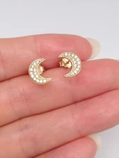 925 Sterling Silver Pave Crescent Moon Stud Earrings CZ Gold Studs Tiny 9mm