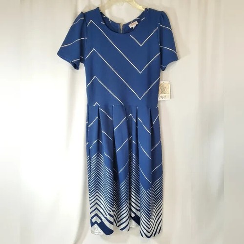 LuLaRoe Amelia Kleid Elegant Taschen Zickzack Metallic Silber Blau Neu
