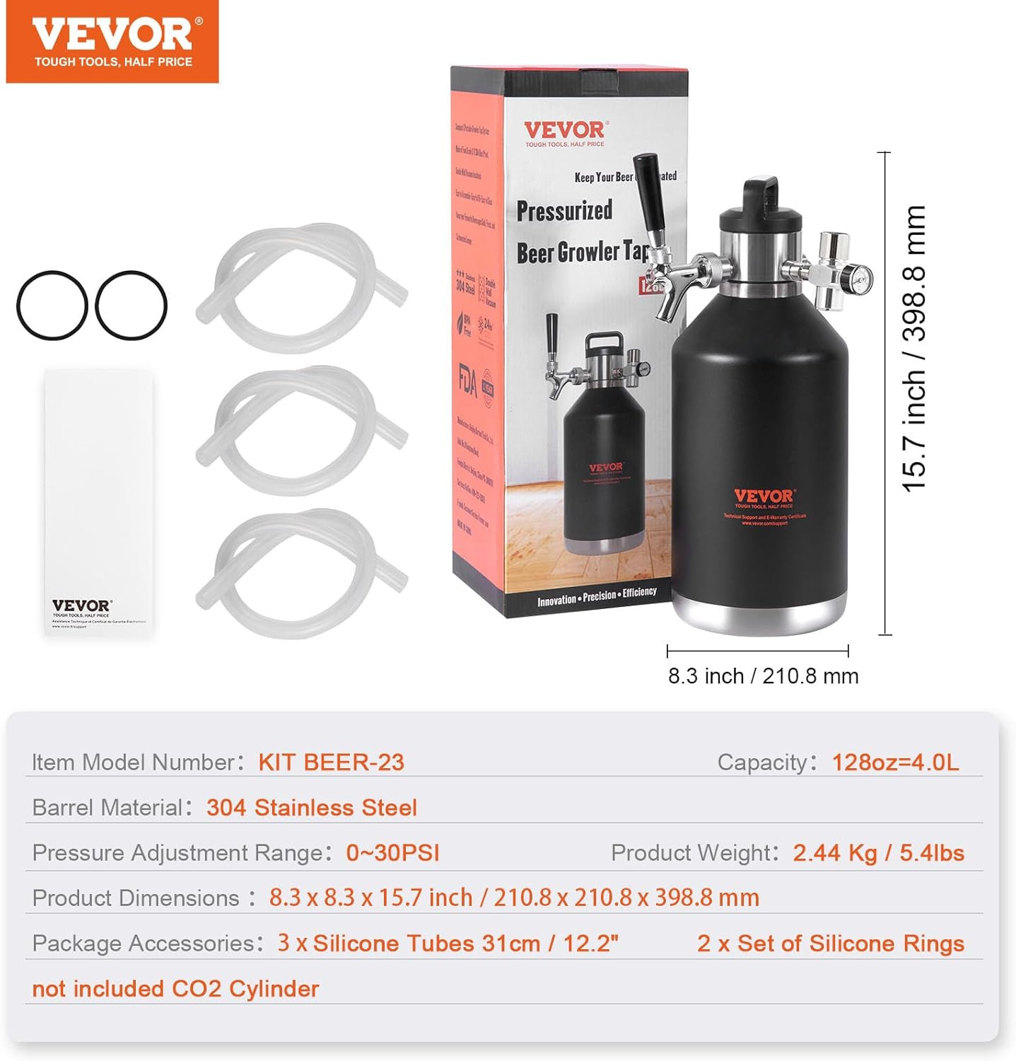 Beer Growler Tap System, 128Oz 4L Mini Keg, 304 Stainless Steel Pressurized Beer