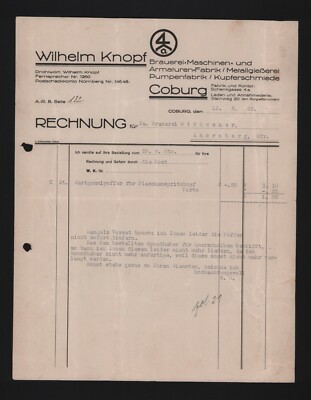 Coburg, invoice 1932, Wilhelm Knopf brewery machines fittings factory