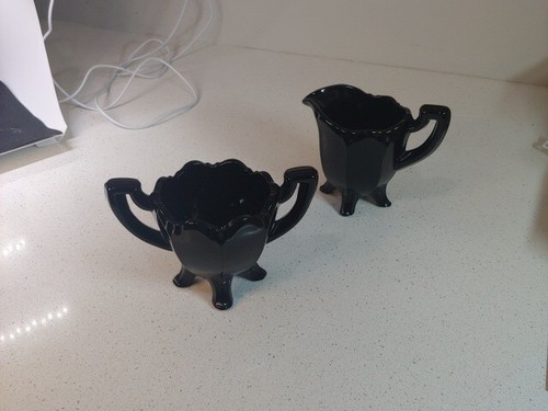 Vintage Black Amethyst Depression Glass Footed Creamer And Sugar Set AS IS - Picture 3 of 22