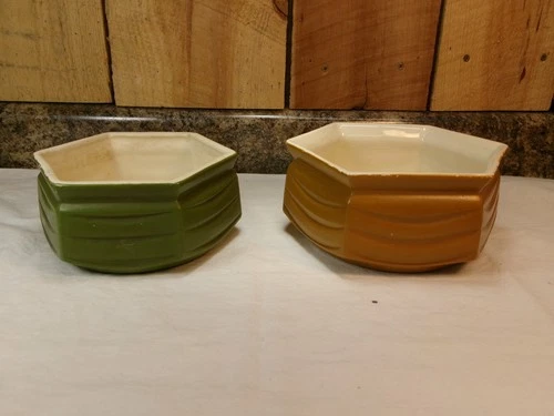 Lot of 2 Vintage McCoy Floraline USA 420 and 421 Pottery Hexagon Bowl Planters