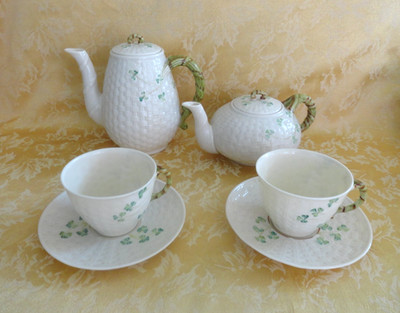 Belleek Ireland Shamrock 2 Teapots, 2 Cup/Saucer Sets -6th Mark Ca 1965-1981