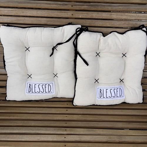 Rae dunn Embroidered Patch BLESSED Chair Cushions Set/2 Cream With Black Trim