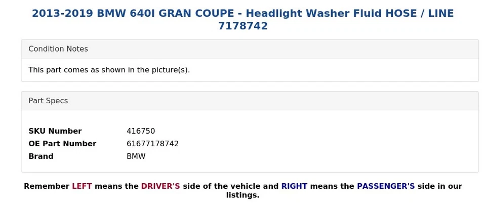 BMW 640I 2013-2019 GRAN CUPÉ - Manguera de líquido para lavado de faros / línea 7178742 Foto 4 de 4