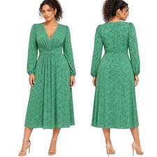 Mango MNG Green Floral Pleated V-Neck Midi Dress Long Puff Sleeve Size 6
