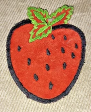 VINTAGE FABRIC APPLIQUE PATCH STRAWBERRY VELOUR? RED BLACK 70s ORIG OWNER 3.75"