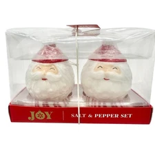 Joy Santa Face Ceramic Salt and Pepper Shaker Set Peppermint Christmas NIB