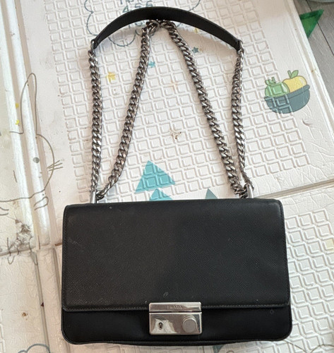 PRADA Black Small Shoulder Bag Flap Turn Lock Chain Strap Silver Hardware